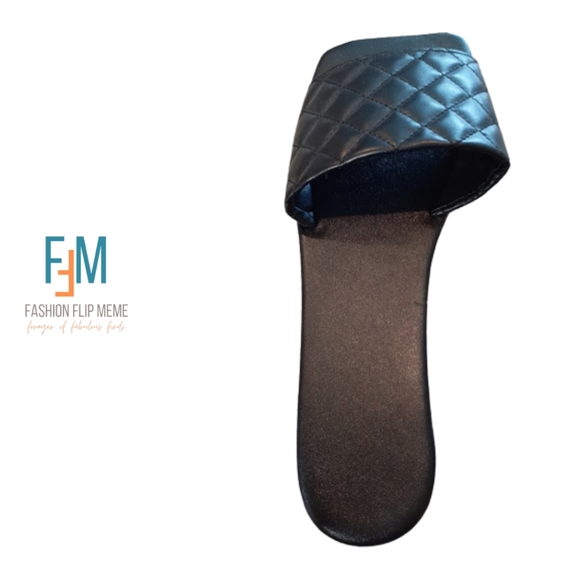 Quilted Leather Square Toe Flats Slip-On Slides Sandals - Picture 3 of 9